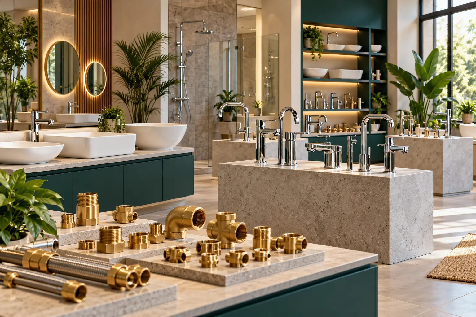 Fixtures displayed in a plumbing showroom